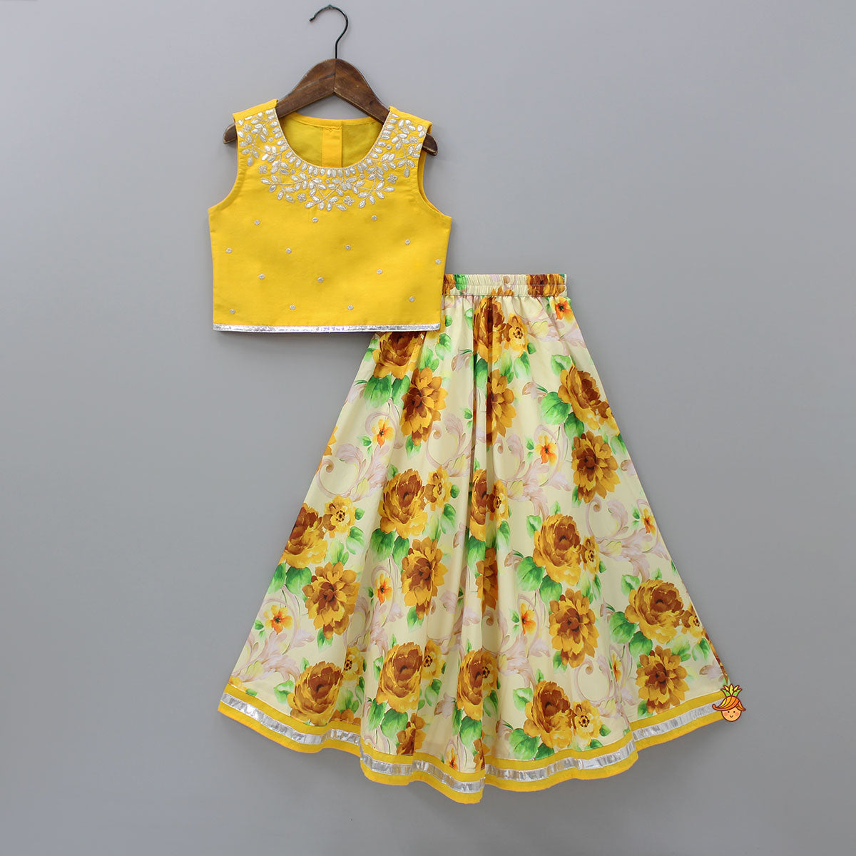 Yellow Gota Lace Embroidered Top With Floral Printed Lehenga And Net Dupatta