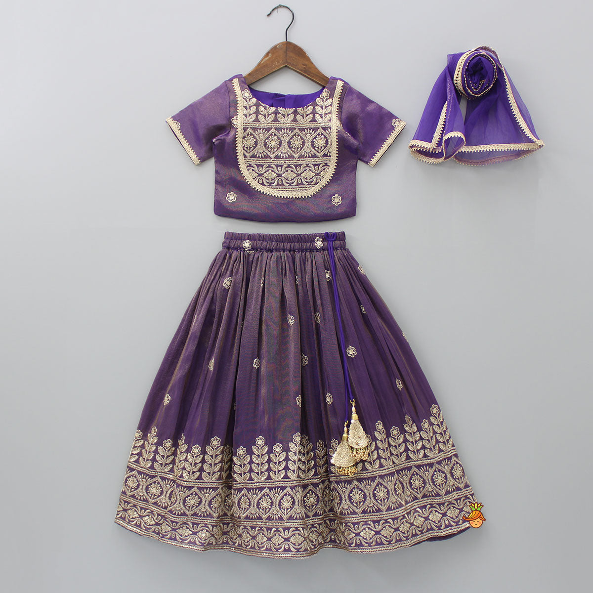 Embroidered Purple Top And Pleated Lehenga With Net Dupatta