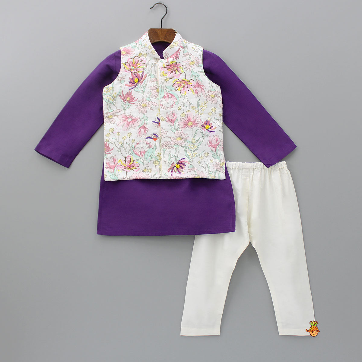 Purple Kurta And Floral Printed Jacket With Pyjama