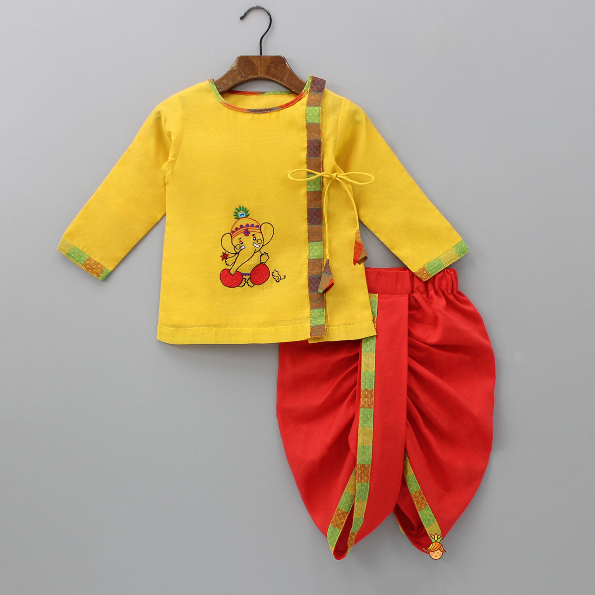 Angarkha Style Yellow Kurta And Dhoti With Mukut