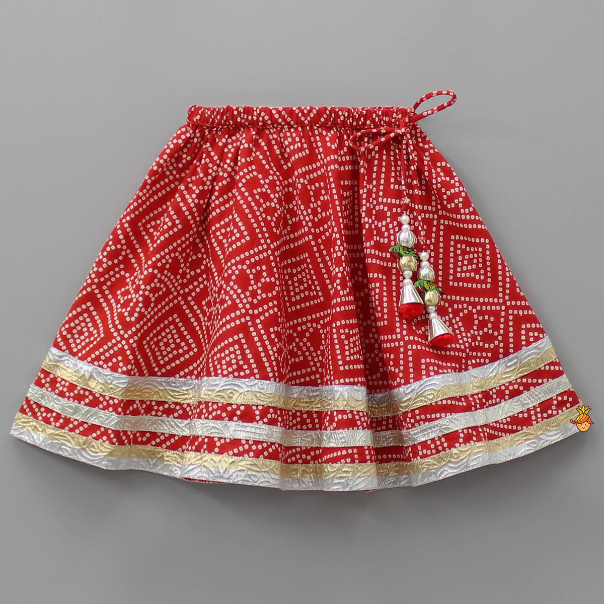 Bandhani Printed Red Top With Lehenga And Matching Booties With Head Band