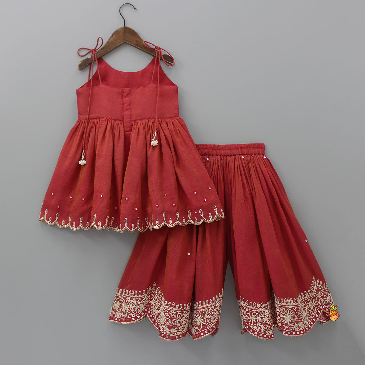 Thread Embroidered Strappy Kurti And Flared Palazzo