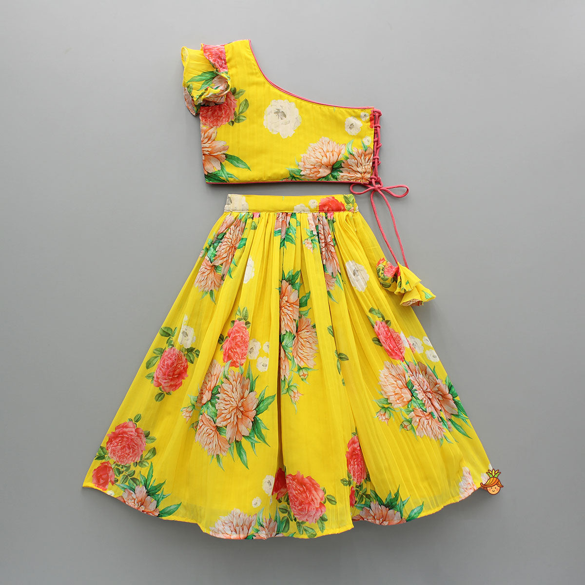 One Shoulder Flower Printed Top And Frilly Lehenga