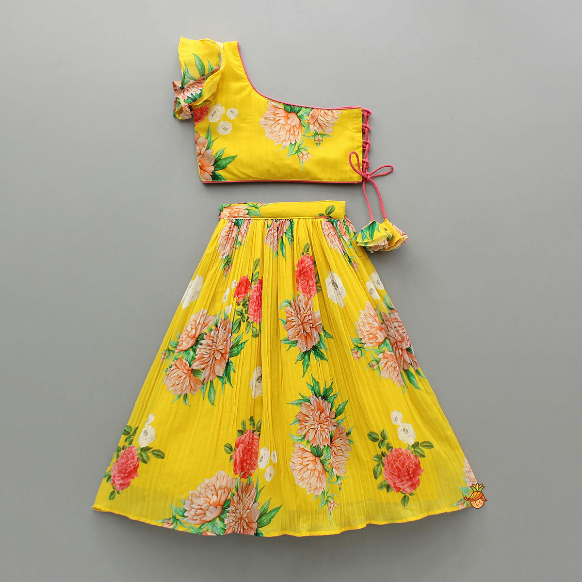 One Shoulder Flower Printed Top And Frilly Lehenga
