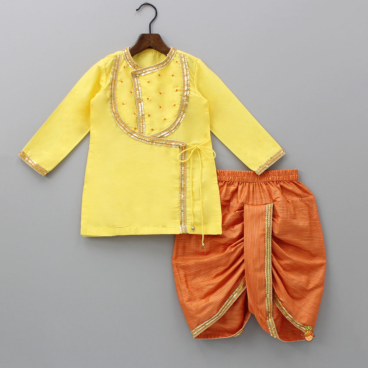 Angarkha Style Yellow Kurta And Orange Dhoti