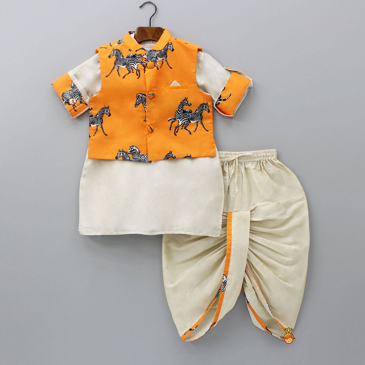 Plain Kurta And Animal Printed Jacket With Dhoti