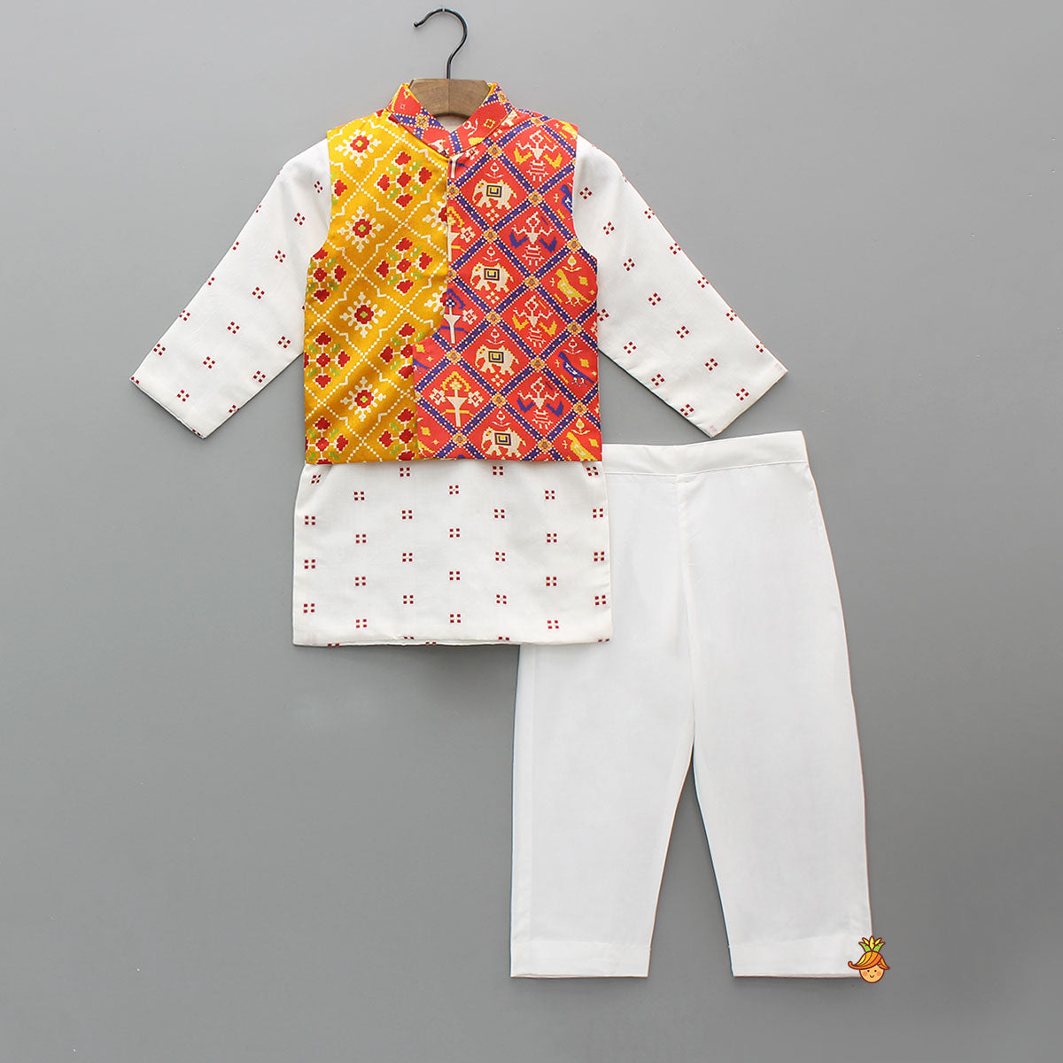 Kurta And Multicolour Patola Printed Jacket With Pyjama
