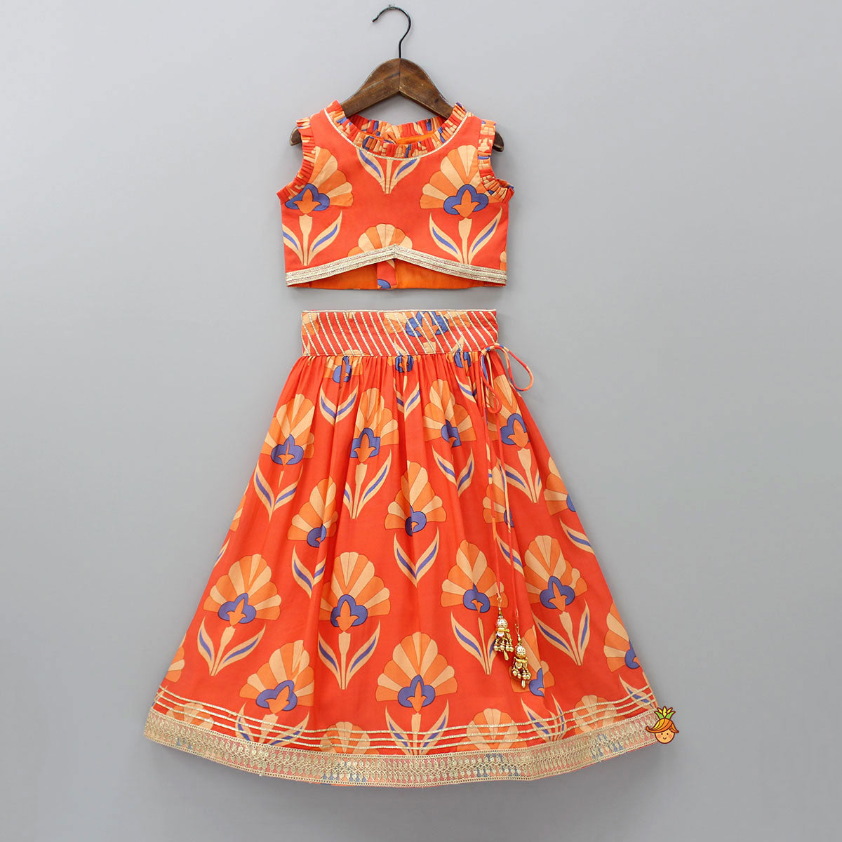 Floral Printed Orange Top And Lehenga