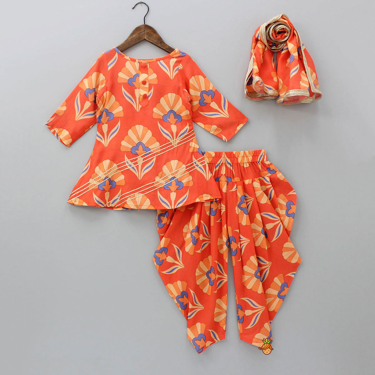 Printed Orange Kurti And Patiala With Matching Dupatta