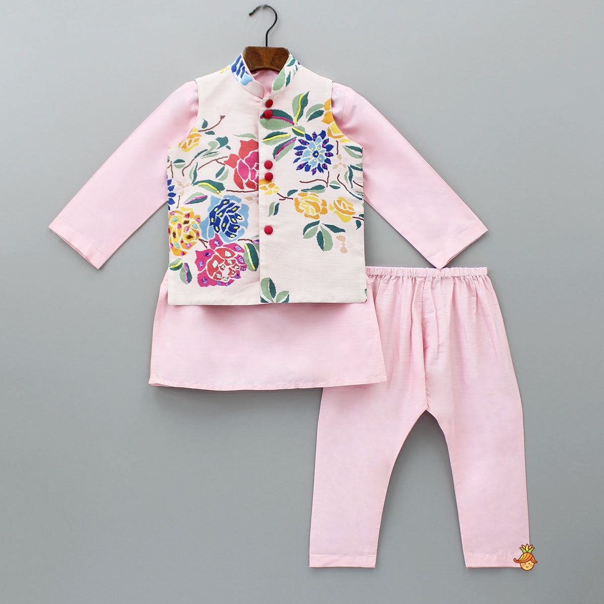 Pink Kurta With Hand Embroidered Floral Printed Jacket And Pyjama