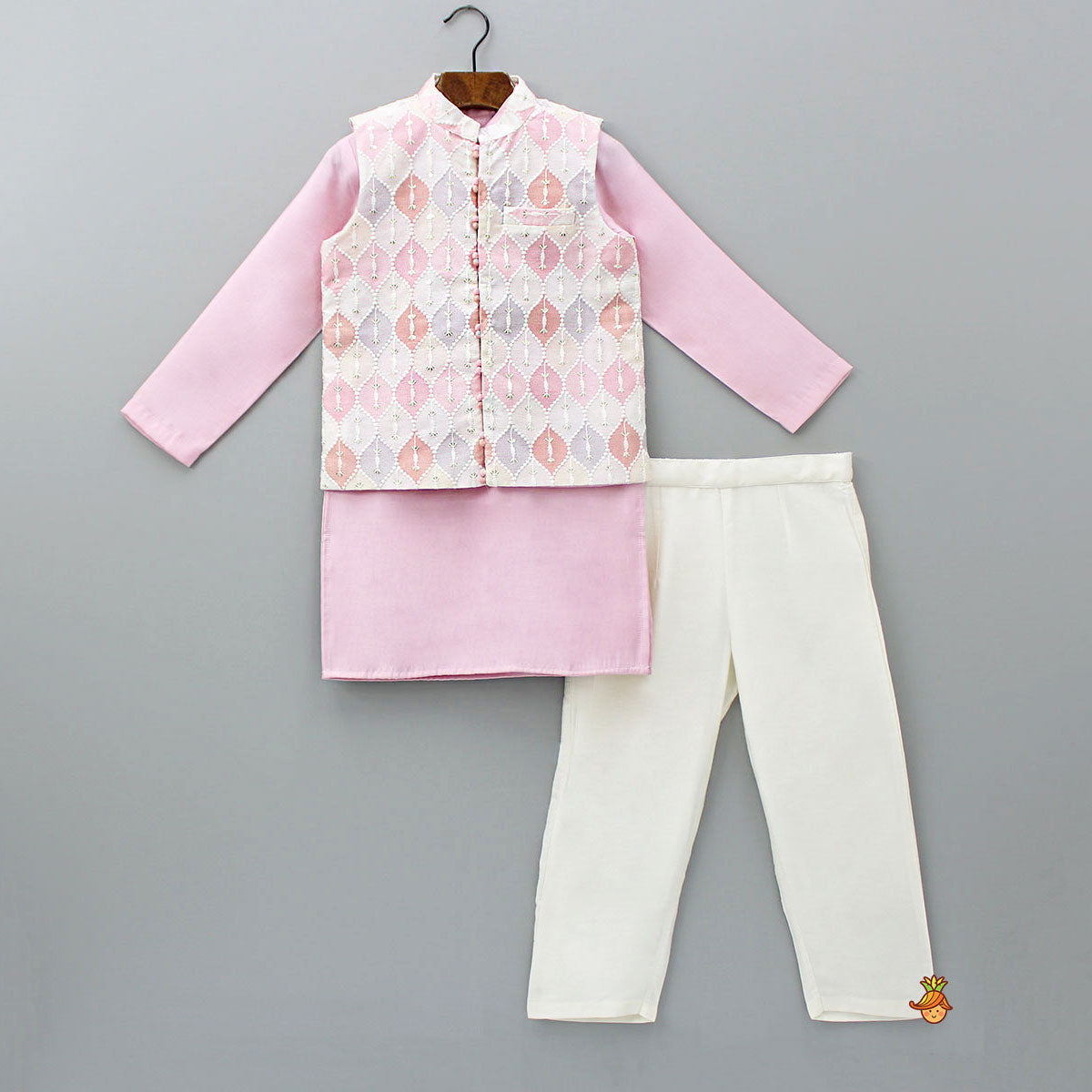 Pink Kurta With Multicoloured Embroidered Jacket And Pyjama