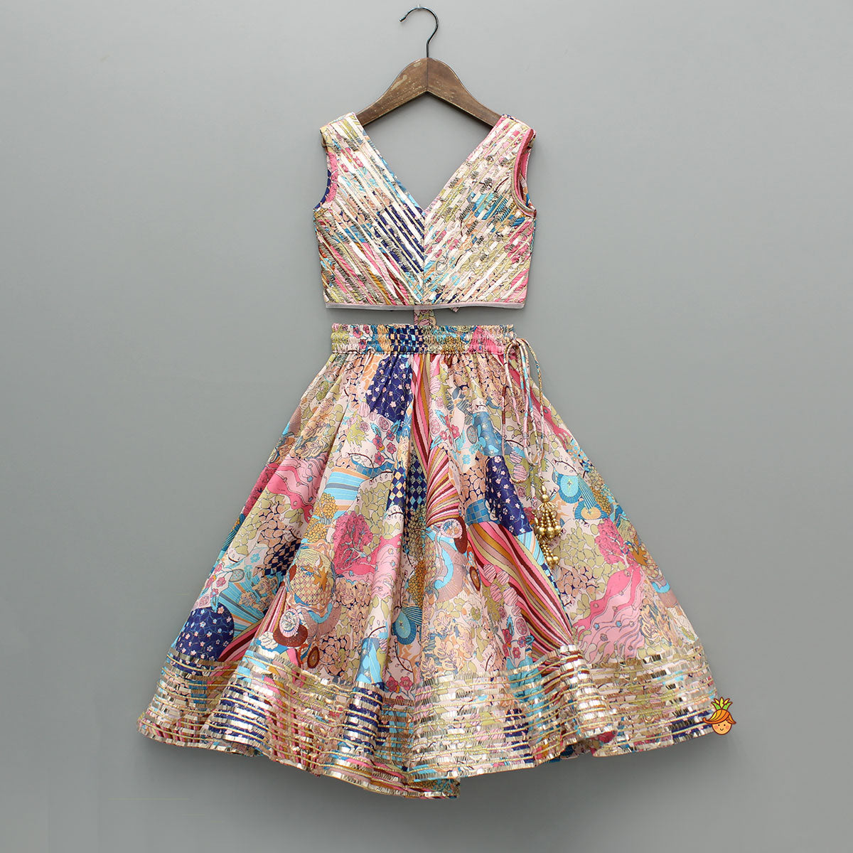 Multicolour Printed Lace Detailing Top And Flared Lehenga