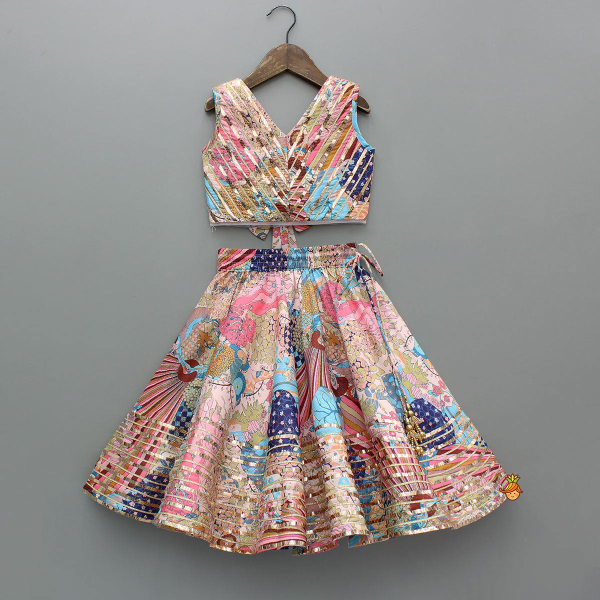 Multicolour Printed Lace Detailing Top And Flared Lehenga
