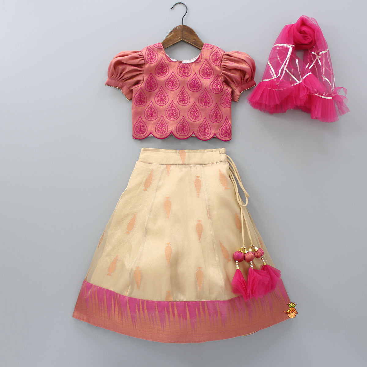 Embroidered Top And Lehenga With Net Pink Dupatta