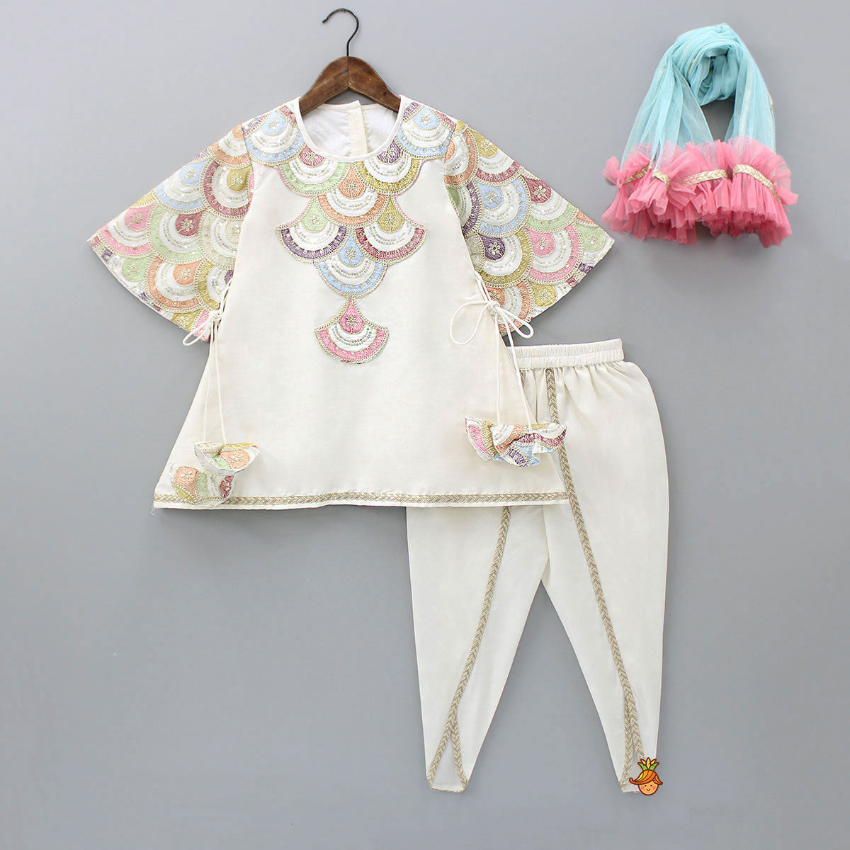 Embroidered Kurti And Tulip Dhoti With Net Dupatta