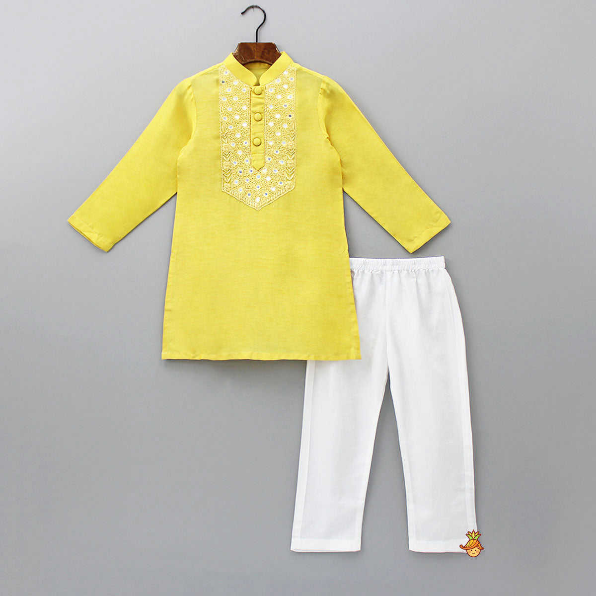 Thread Embroidered Yellow Kurta And Pyjama