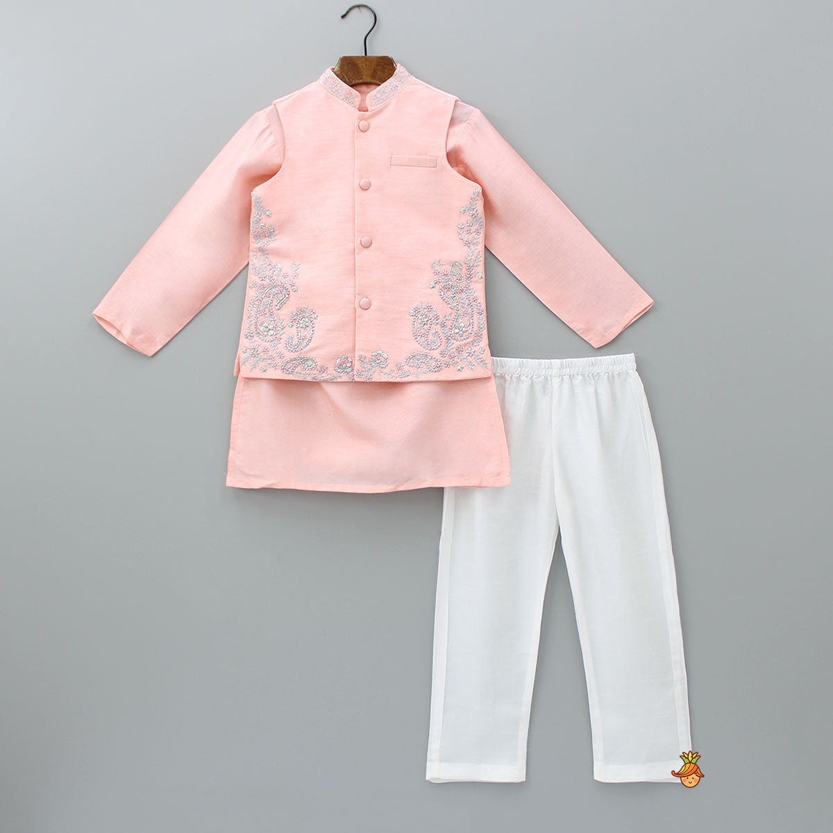 Peach Kurta And Embroidered Jacket With Pyjama