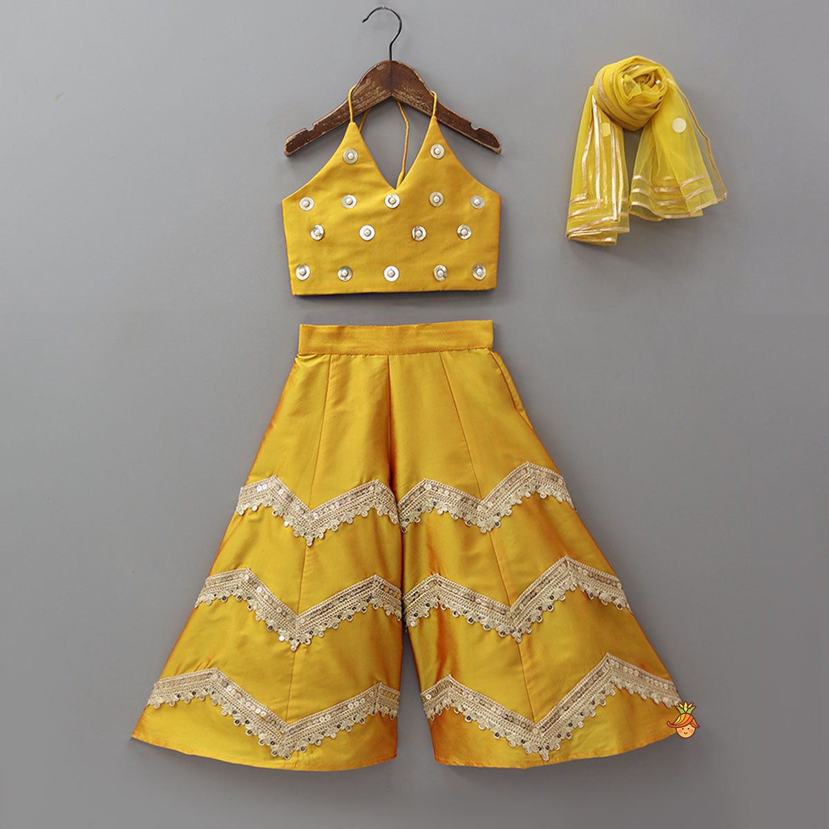 Halter Neck Top And Flared Palazzo With Net Dupatta