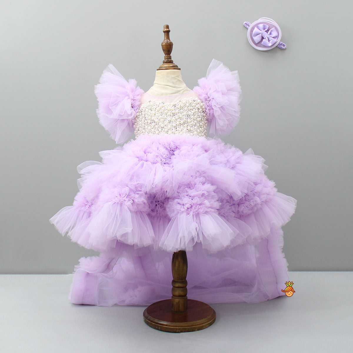 Embellished Layered Lilac Dress With Detachable Trail And Bow With Swirled Bowie Headband