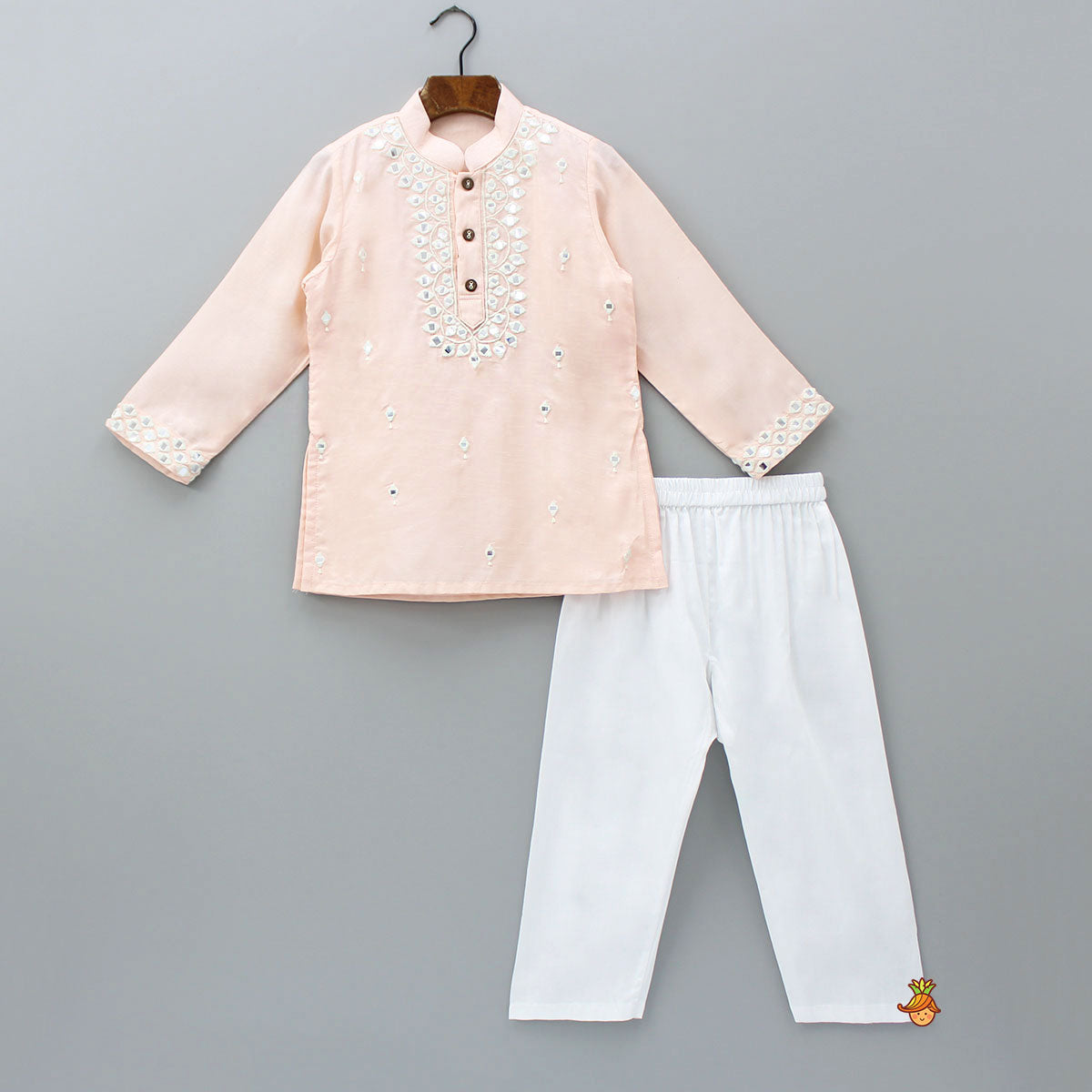 Thread Embroidered Mandarin Collar Peach Kurta And Pyjama