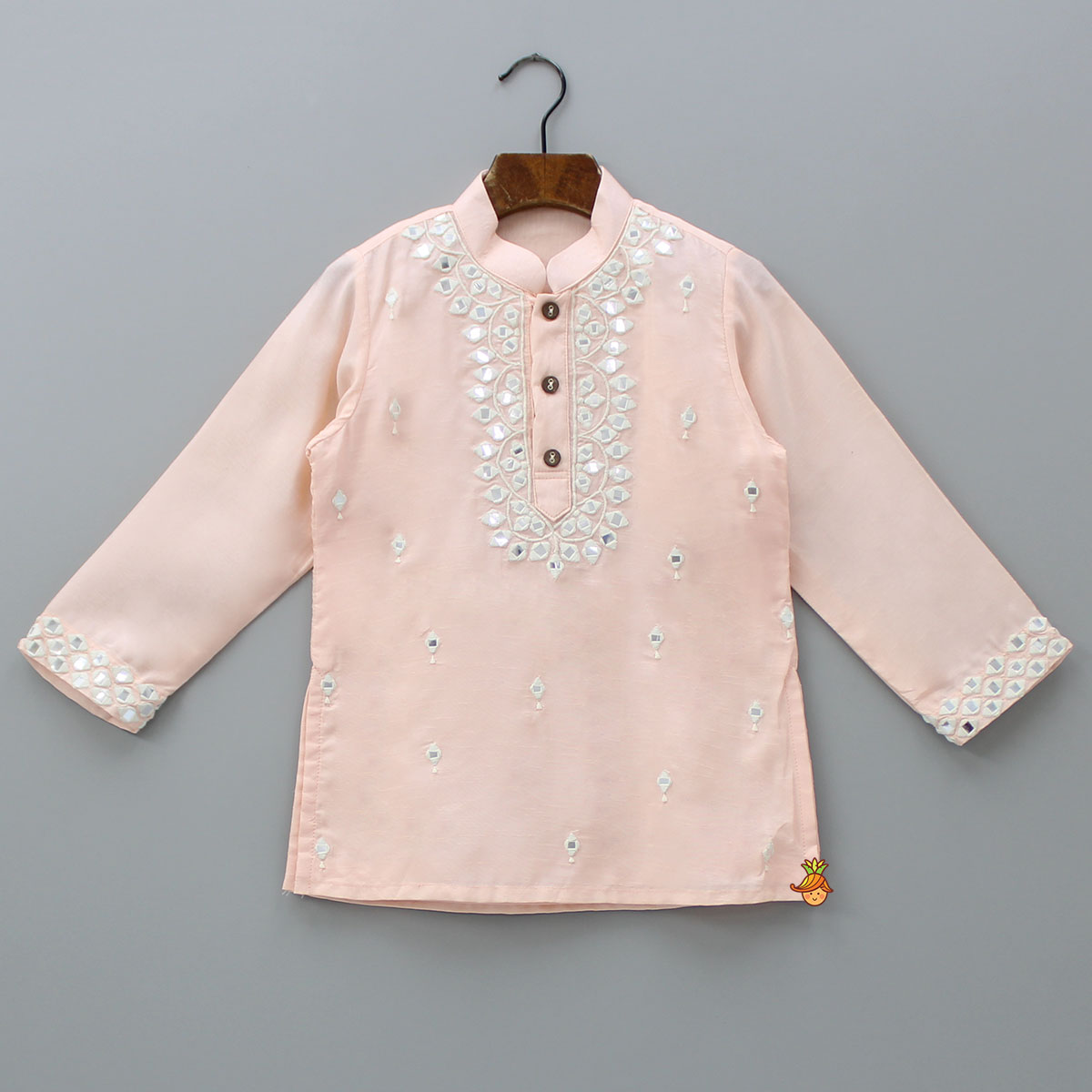 Thread Embroidered Mandarin Collar Peach Kurta And Pyjama