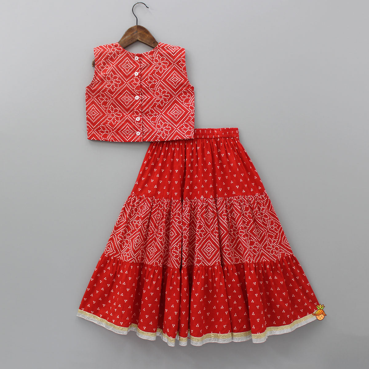 Printed Red Top And Lehenga With Net Dupatta