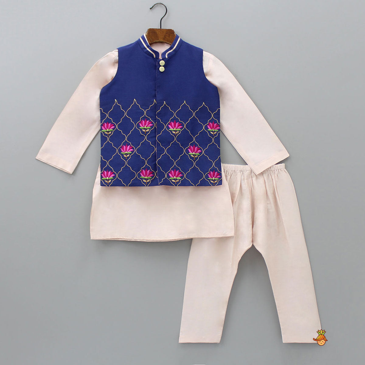 Kurta And Floral Thread Embroidered Jacket With Pyjama