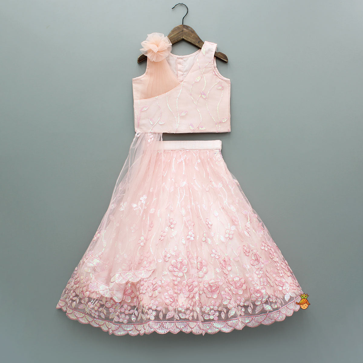 Elegant Peach Drape Top And Sequins Embroidered Lehenga