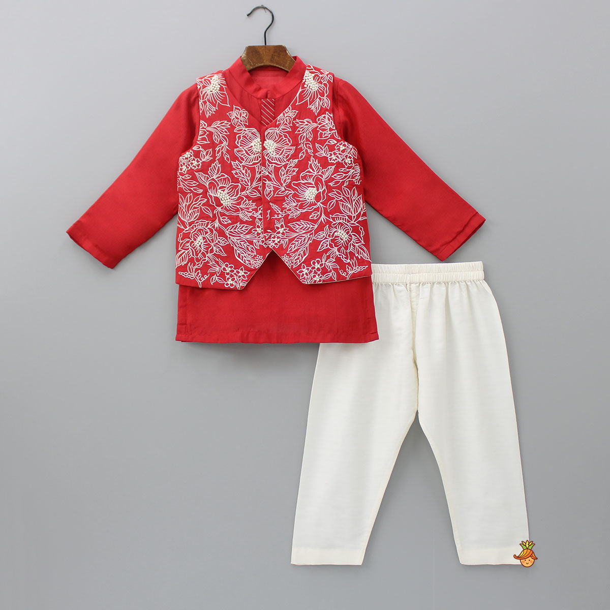 Embroidered Red Jacket With Kurta And Pyjama