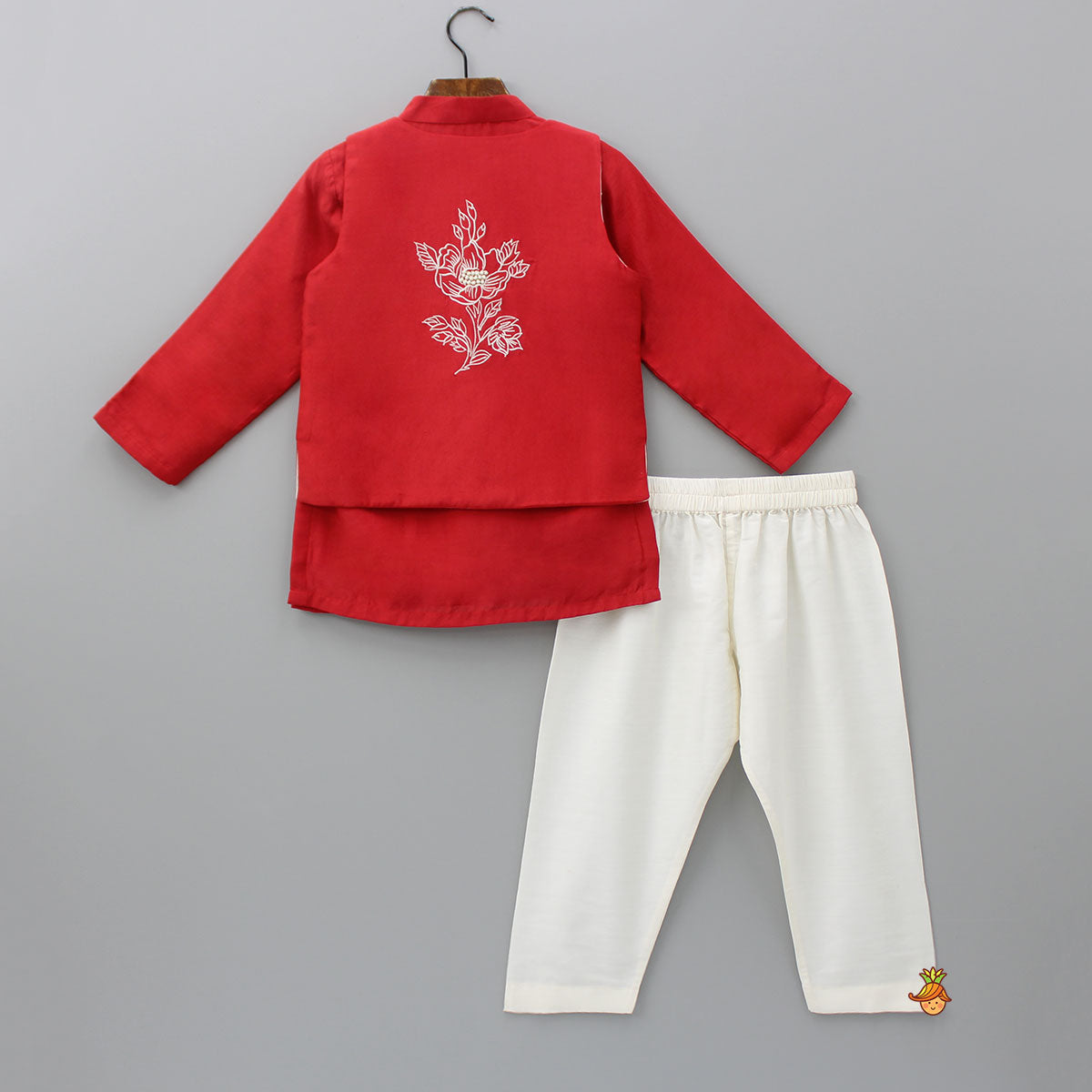 Embroidered Red Jacket With Kurta And Pyjama