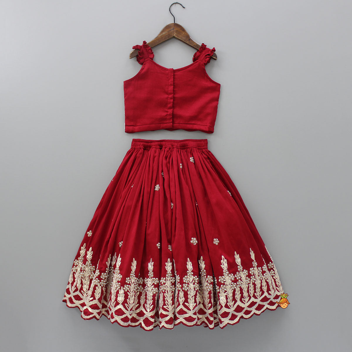 Embroidered Strappy Red Top And Pleated Lehenga