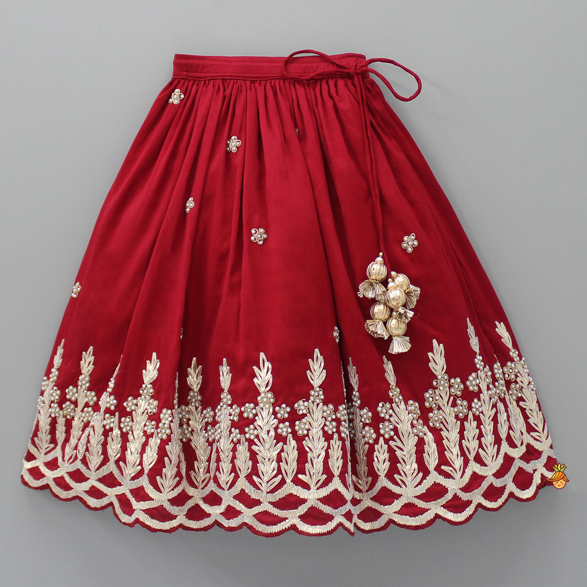 Embroidered Strappy Red Top And Pleated Lehenga