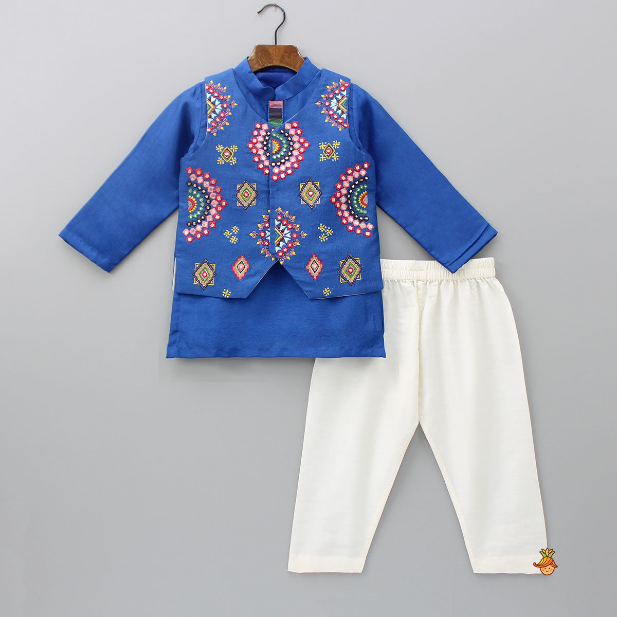 Blue Embroidered Jacket With Kurta And Pyjama