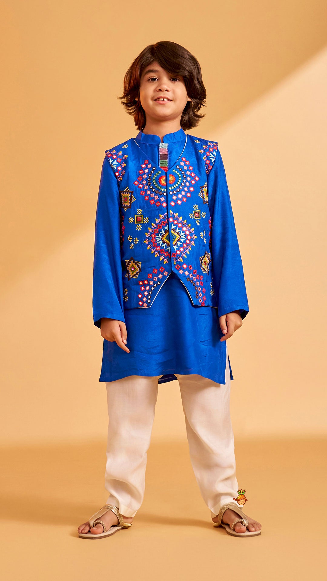 Blue Embroidered Jacket With Kurta And Pyjama