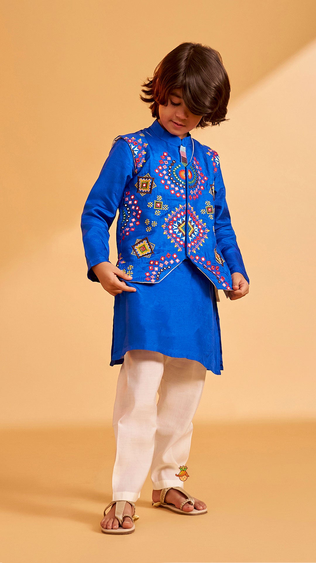 Blue Embroidered Jacket With Kurta And Pyjama