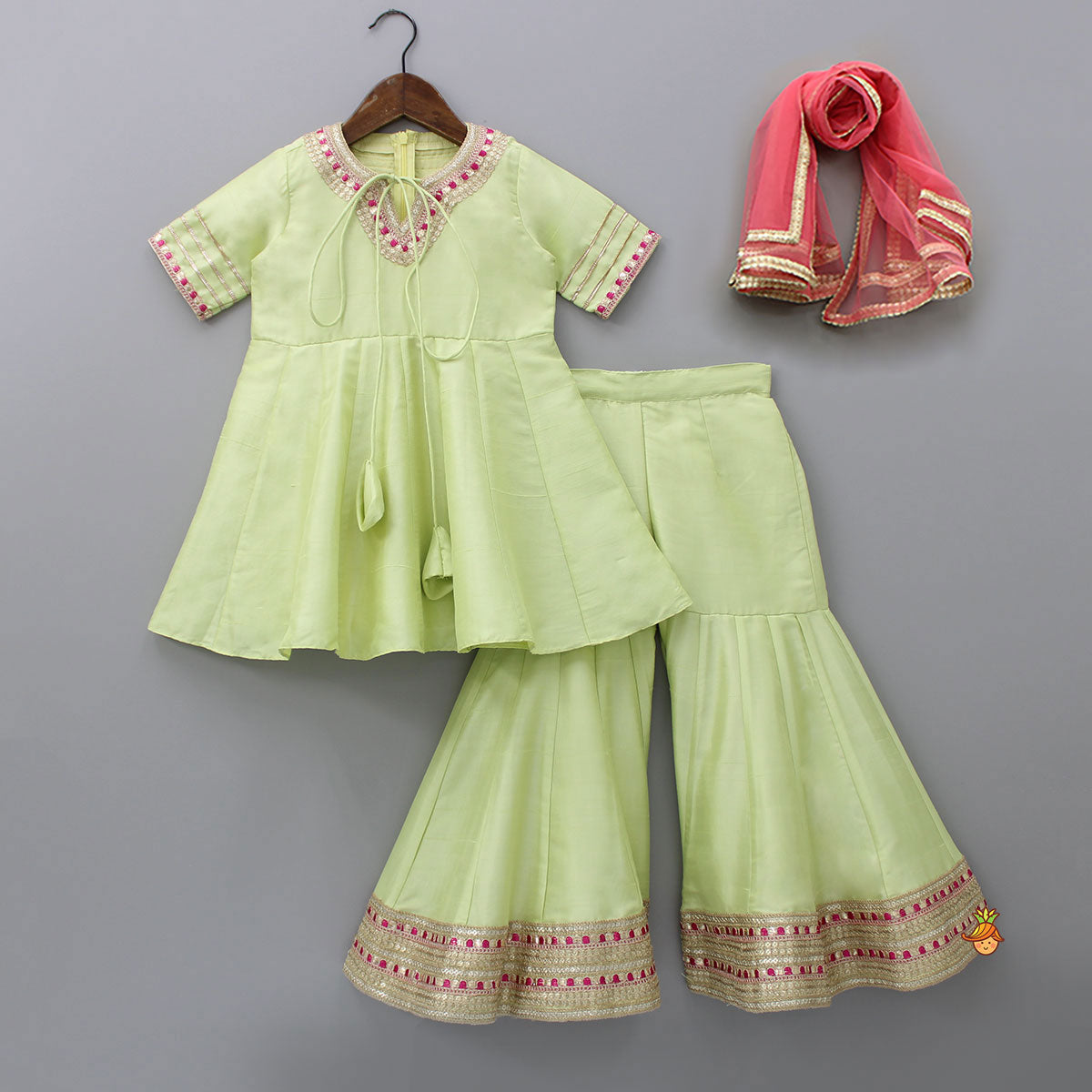 Green Kurti And Sharara With Pink Net Dupatta