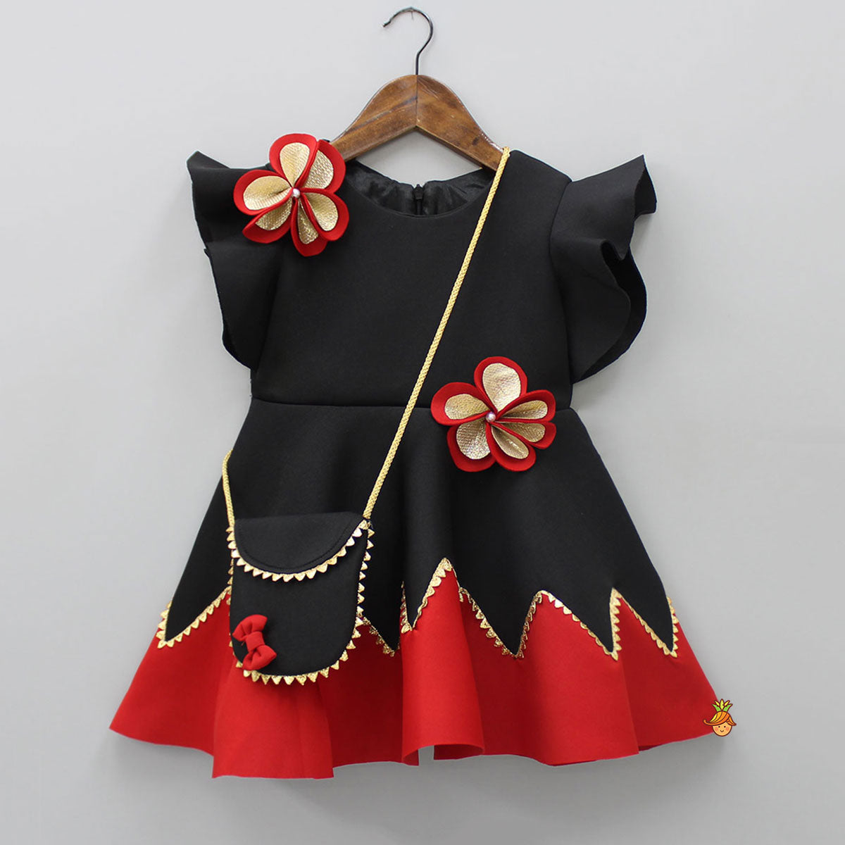 Pearly Flower Embellished Black Fancy Dress With Sling Bag