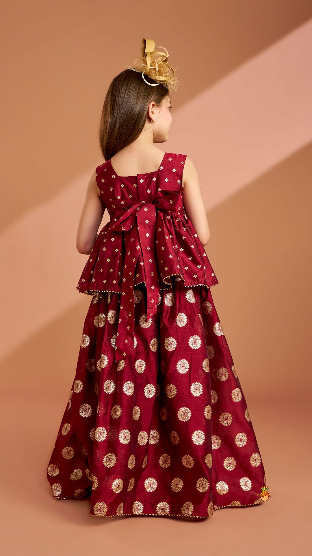 Chanderi Embroidered Maroon Peplum Top With Lehenga