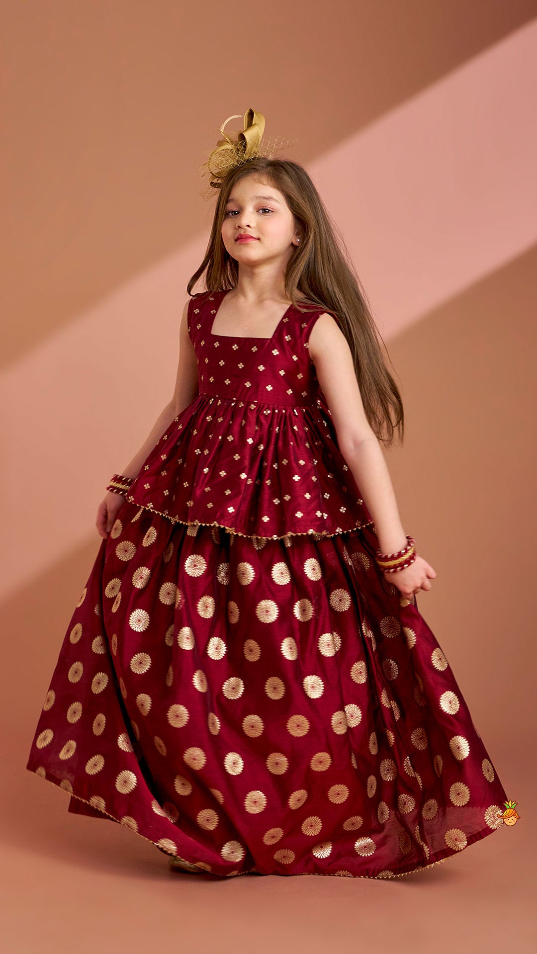 Chanderi Embroidered Maroon Peplum Top With Lehenga