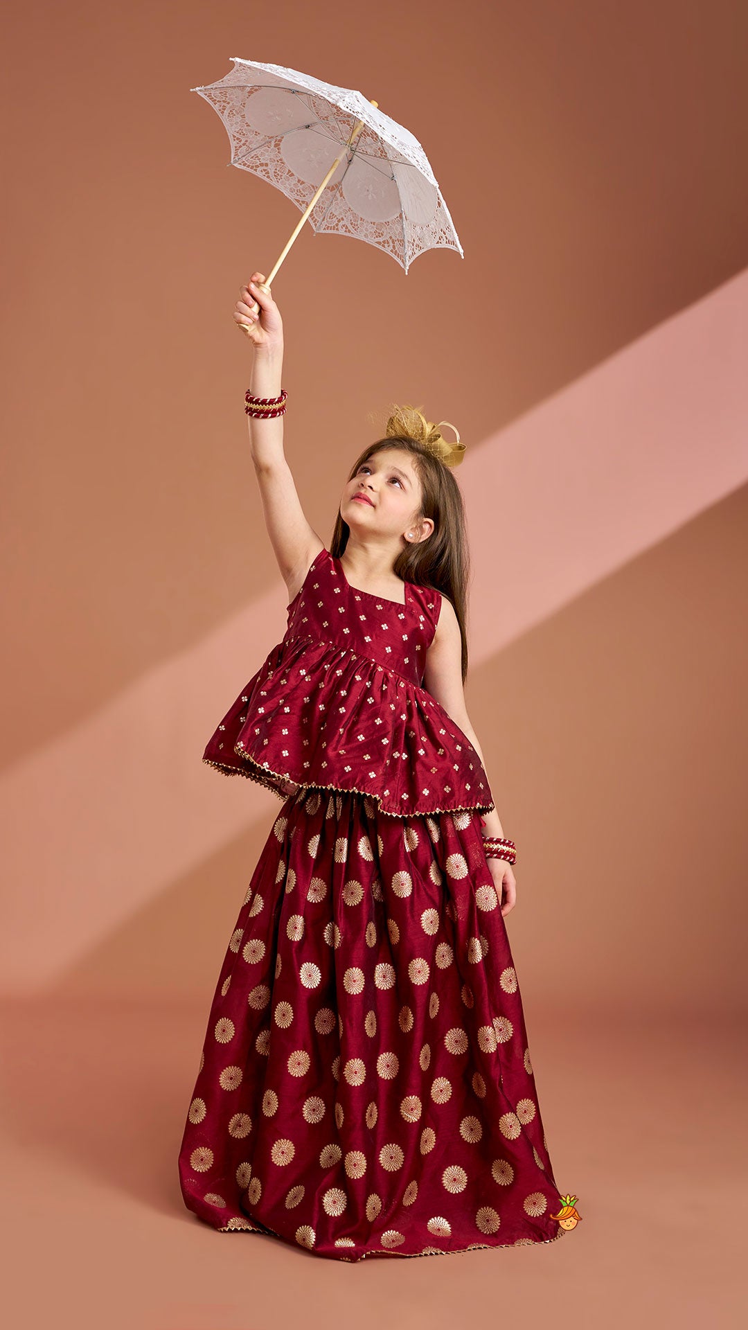 Chanderi Embroidered Maroon Peplum Top With Lehenga