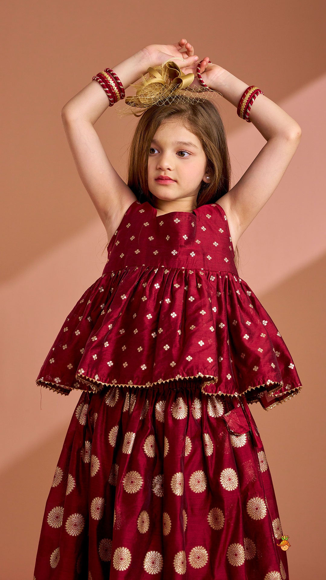 Chanderi Embroidered Maroon Peplum Top With Lehenga