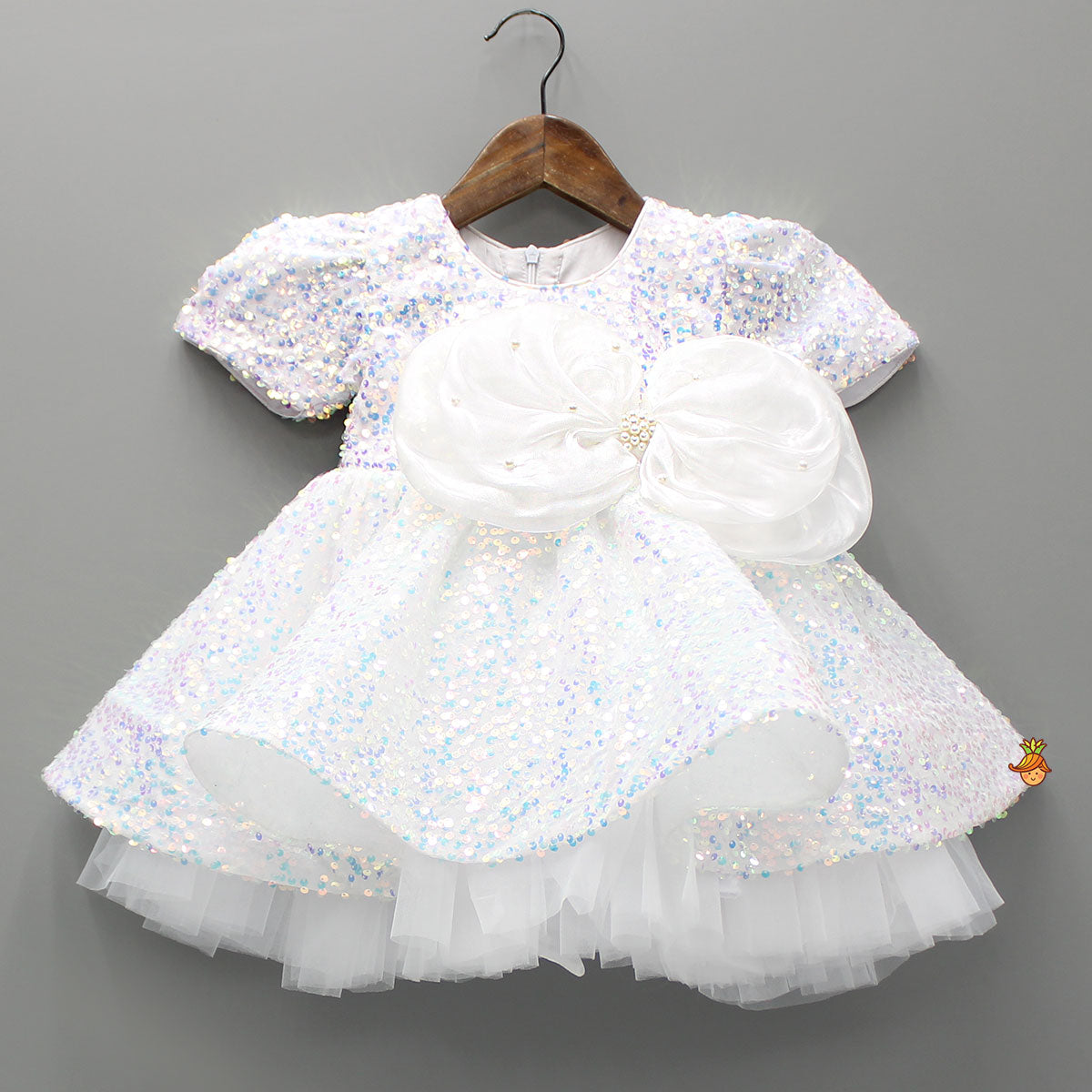 White Sequin Dress Adorned With Matching Bows