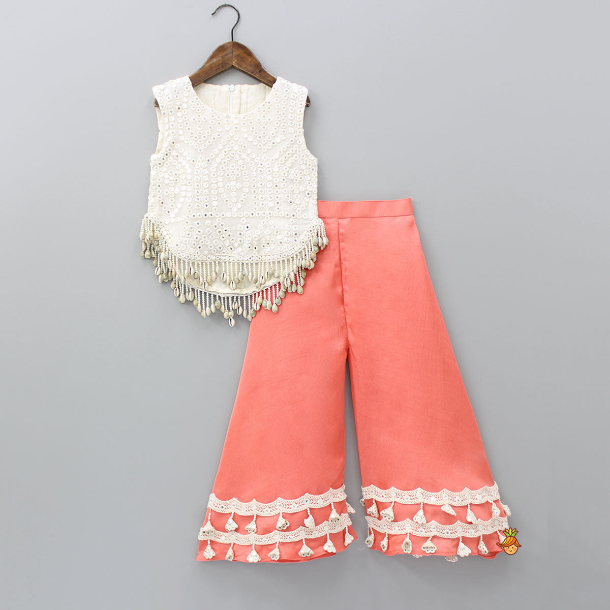 Faux Mirror Work Top And Flared Peach Palazzo