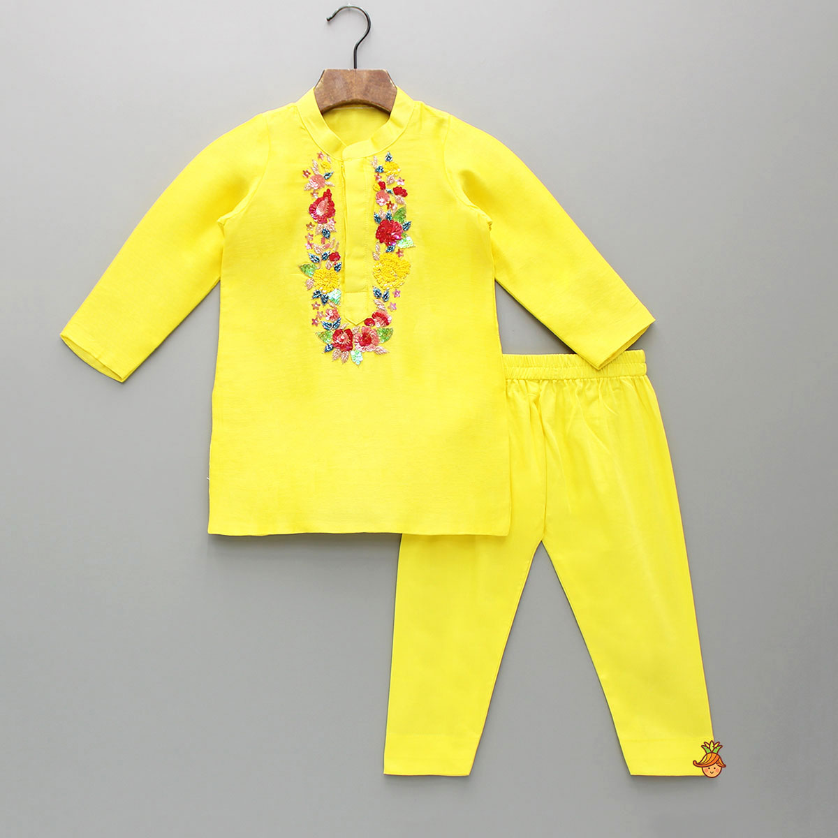 Floral Embroidered Yellow Kurta And Matching Pyjama