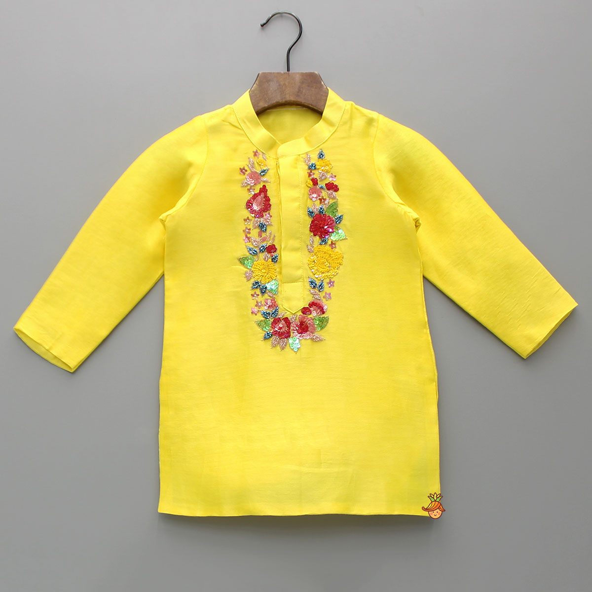 Floral Embroidered Yellow Kurta And Matching Pyjama