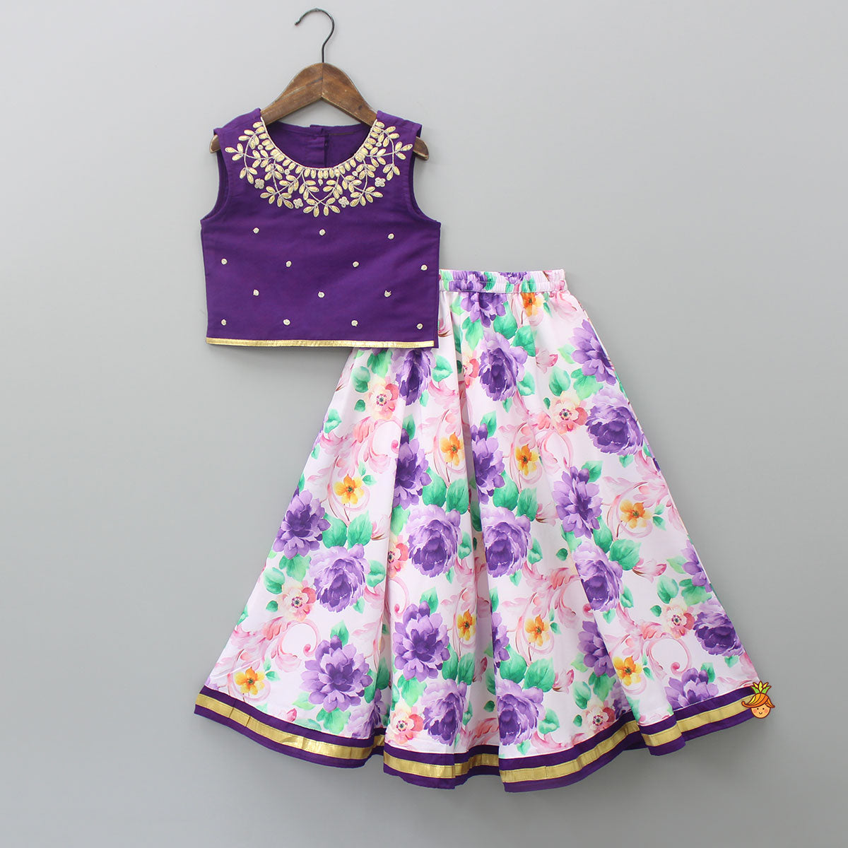 Purple Gota Lace Embroidered Top With Floral Printed Lehenga And Dupatta