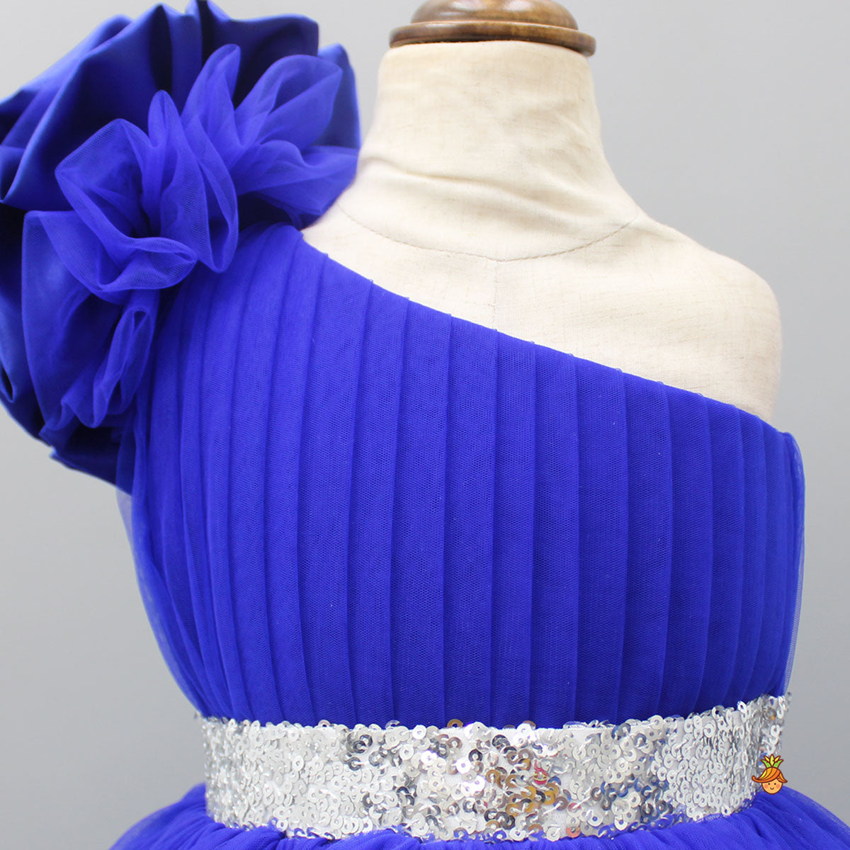 One Shoulder High Low Blue Dress With Matching Head Band And Detachable Bow