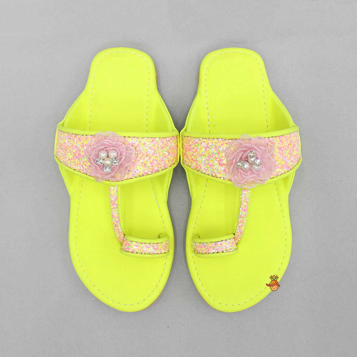 Multicoloured Hand Embroidered Flower Strap Green Kolhapuri Flats