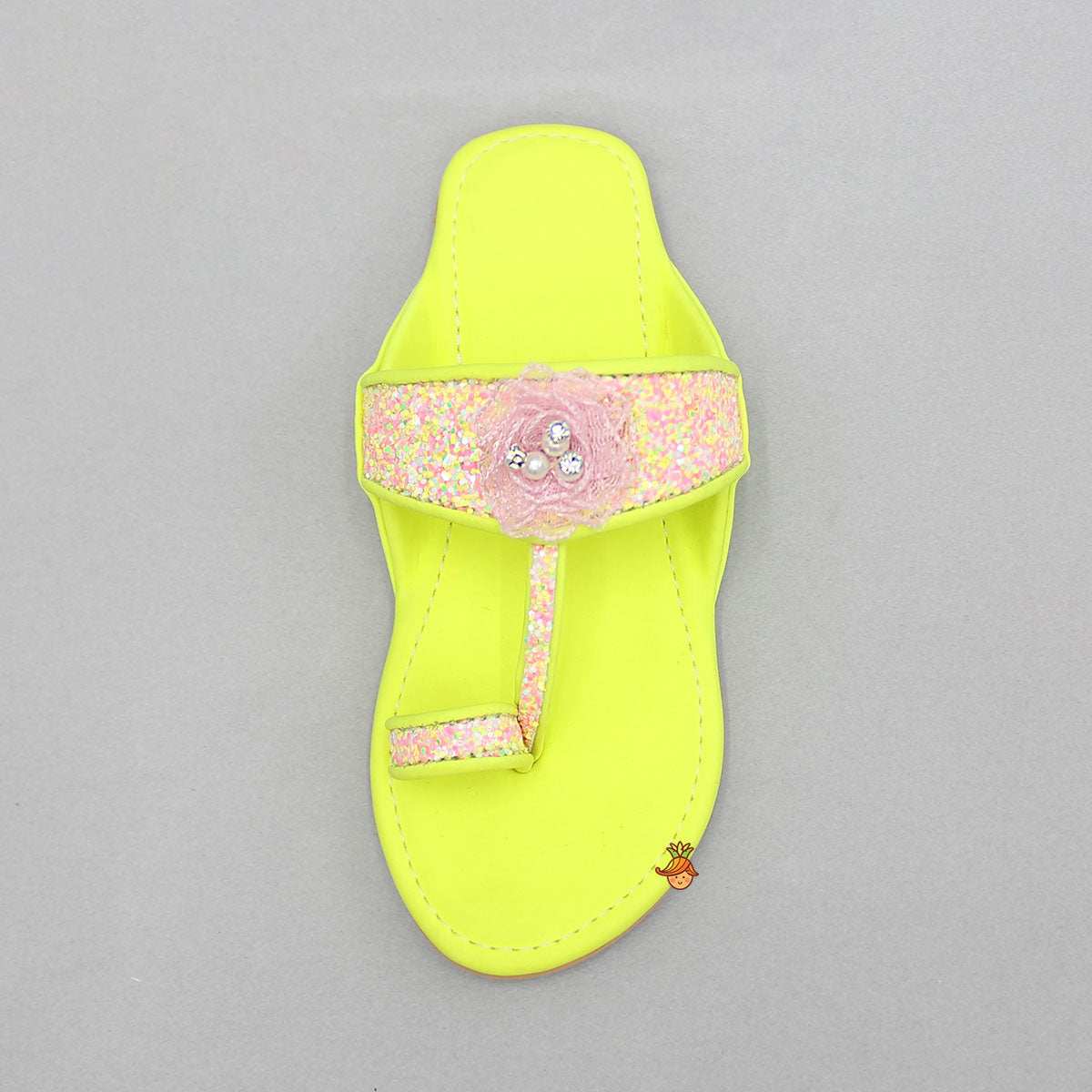 Multicoloured Hand Embroidered Flower Strap Green Kolhapuri Flats