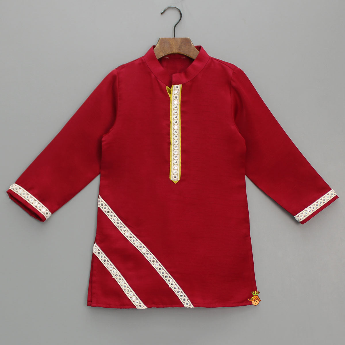 Faux Mirror Lace Detail Red Kurta And Pyjama